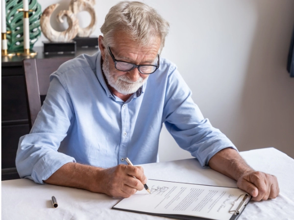 An older gentleman signs a legal document.