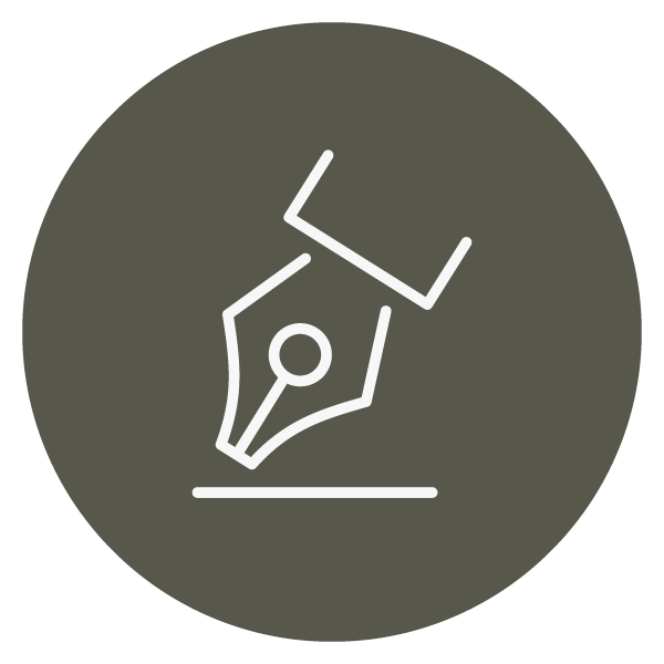A green line art icon of a pen writing on paper.